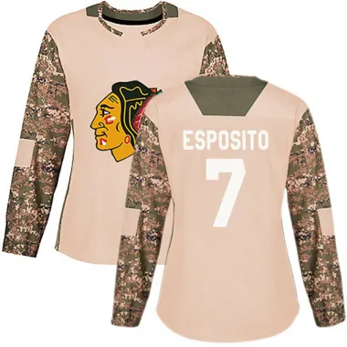 Black Women's Phil Esposito Authentic Chicago Blackhawks Camo Veterans Day Practice Jersey